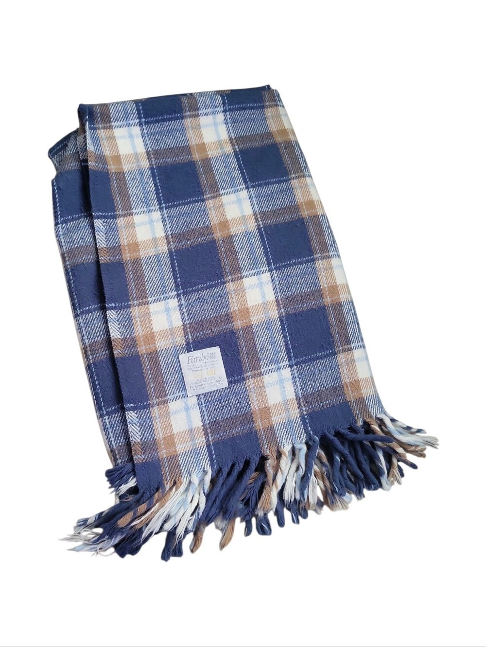 Vintage Faribo Tan Blue Tartan Plaid Throw Blanket USA Camp Lodge Picnic Cabin